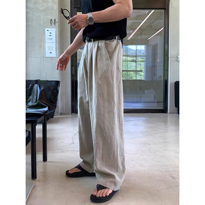 老钱风卡其色亚麻休闲裤男夏季薄款垂感宽松阔腿裤百搭直筒长裤子|undefined