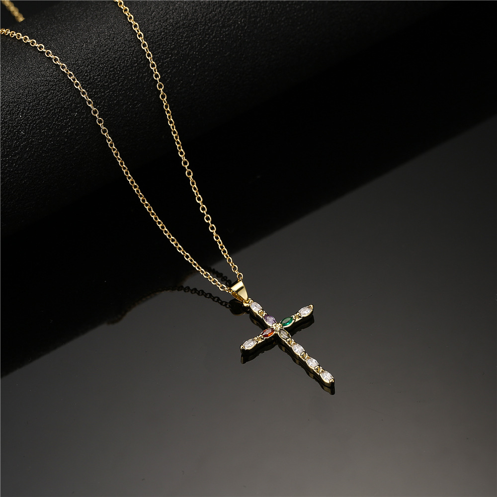 Retro Copper Plated Real Gold Color Zirconium Cross Pendant Necklace Female Religious Jewelry display picture 3