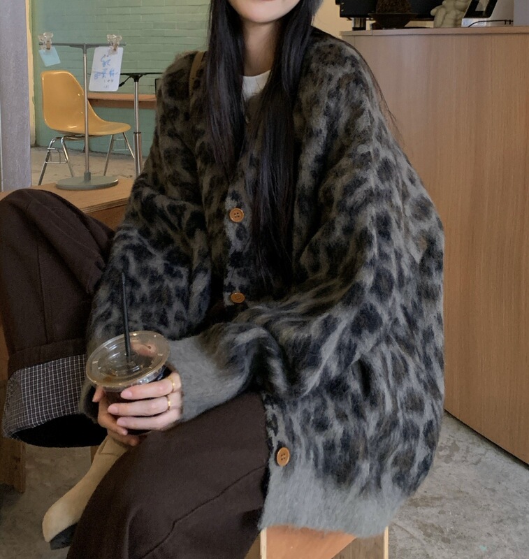 圆领宽松单排扣拉毛加厚豹纹毛衣开衫秋冬女2025新款慵懒针织上衣|undefined