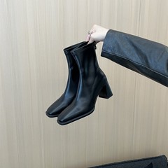 Dapaishow方头复古短靴女秋新款高跟瘦瘦靴气质百搭短筒拉链靴子