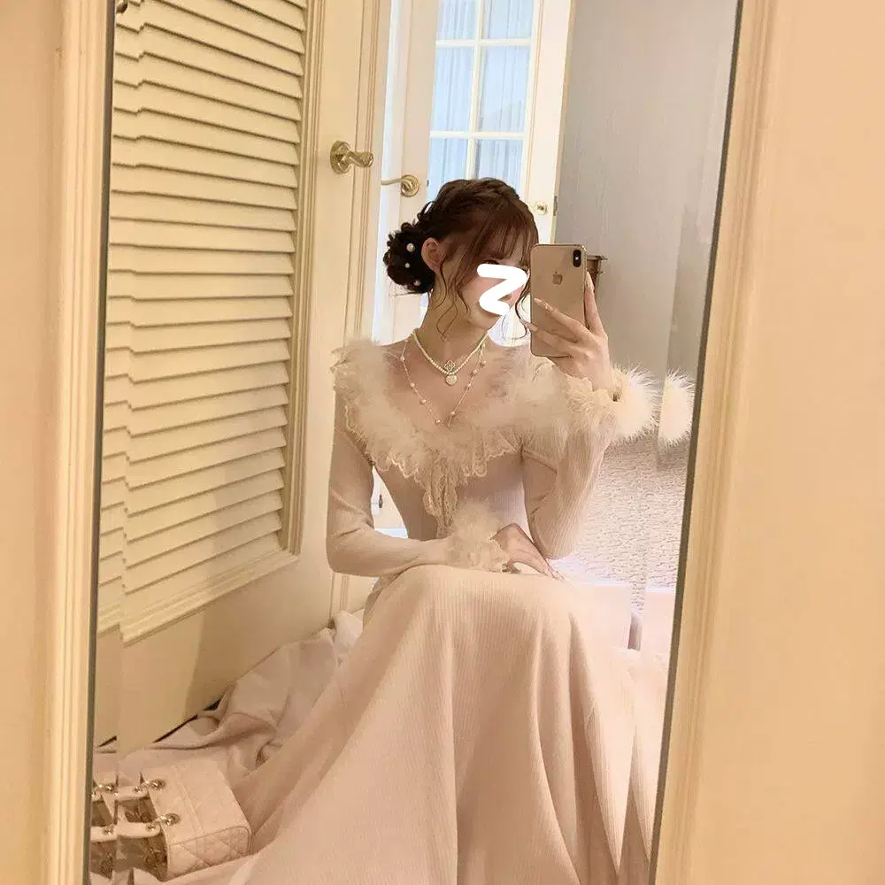 52148千金气质蕾丝花边大码连衣裙针织显瘦礼服裙高端轻奢长裙