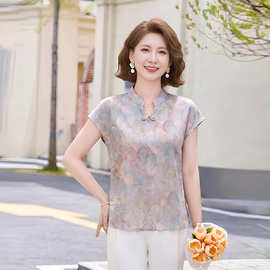 2026新款新中式提花短袖上衣女夏季妈妈装国风洋气显瘦气质小衫