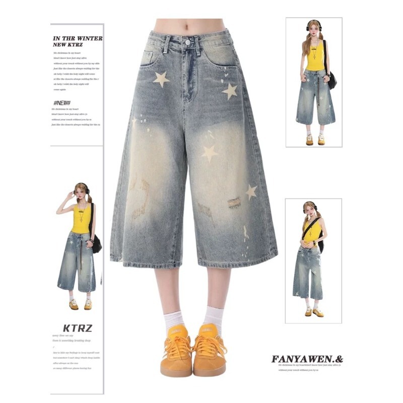 Ripped Star Denim Cropped Pants for Women, New Autumn/Winter Plus Size Loose Slimming Wide-Leg Pants for Pear-Shaped Figures Ripped Star Denim Cropped Pants for Women, New Autumn/Winter Plus Size Loose Slimming Wide-Leg Pants for Pear-Shaped Figures