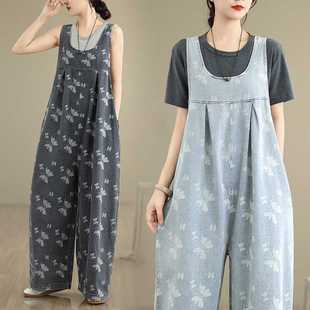 Actual Shot of 2025 Summer New Retro Printed Loose Denim Overalls for Plus-Size Women, Stylish Lantern Pants