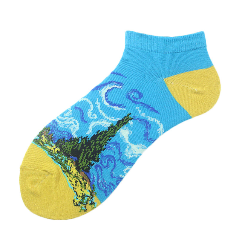 Calcetines de tobillo para hombre primavera y verano calcetines nuevos calcetines de corte bajo para mujer pintura al óleo calcetines de moda europeos y americanos ins al por mayor transpirable