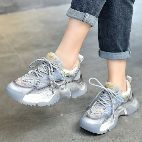Genuine leather versatile dad shoes ins trendy women's 2024 summer new retro thick-soled color-blocked mesh round-toe casual shoes