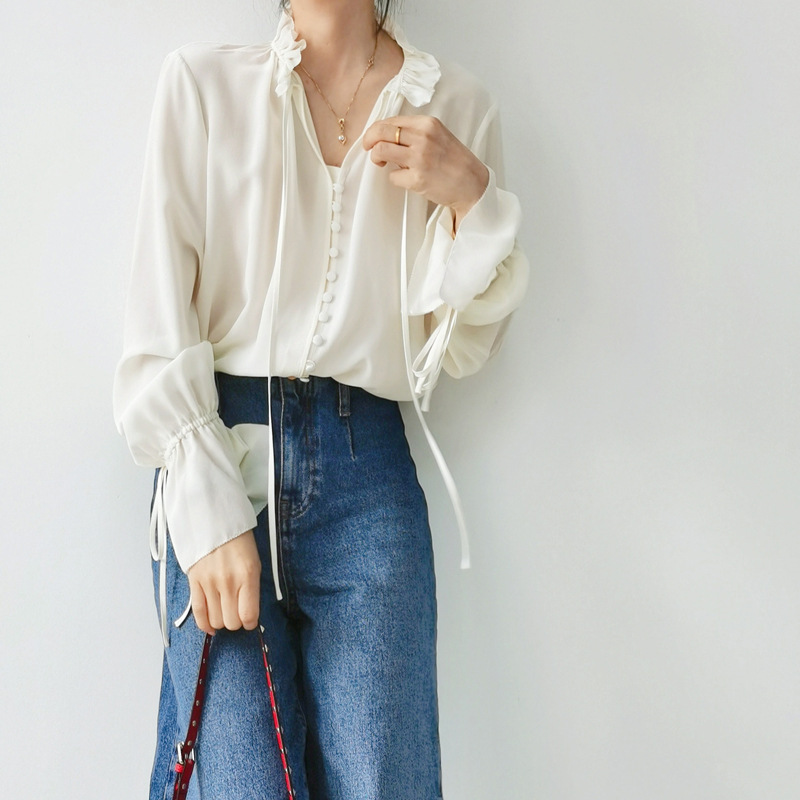 New French-Style Round-Neck Palace-Style Ruffled Lace Collar Pullover Long-Sleeve Sand-Washed Silk Shirt Made of Mulberry Silk