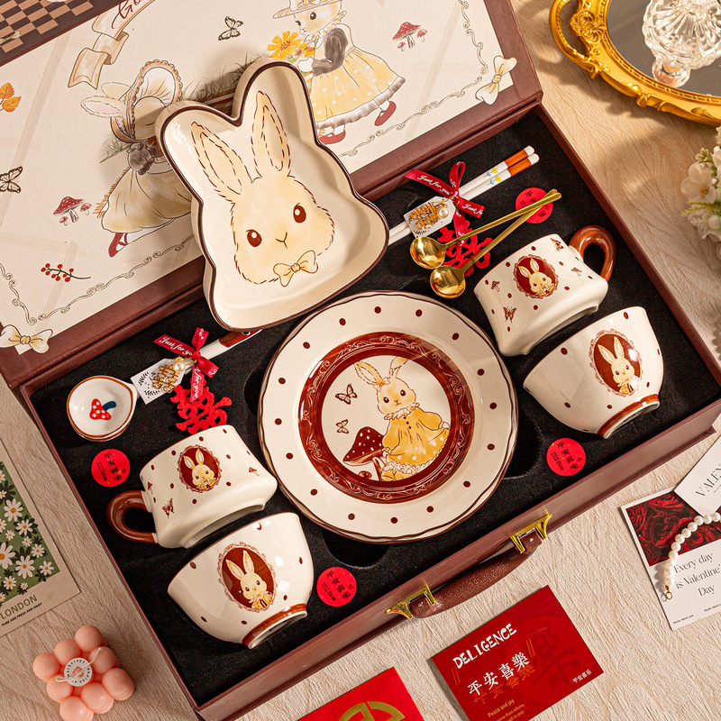 Hepburn Rabbit Ceramic Bowl and Plate Tableware Gift Set High-Value Water Cup Couple Birthday Gift Business Gift Hepburn Rabbit Ceramic Bowl and Plate Tableware Gift Set High-Value Water Cup Couple Birthday Gift Business Gift