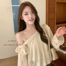 韩系斜肩绑带衬衫上衣女秋季新款韩版时尚飘逸显瘦百搭小衫女