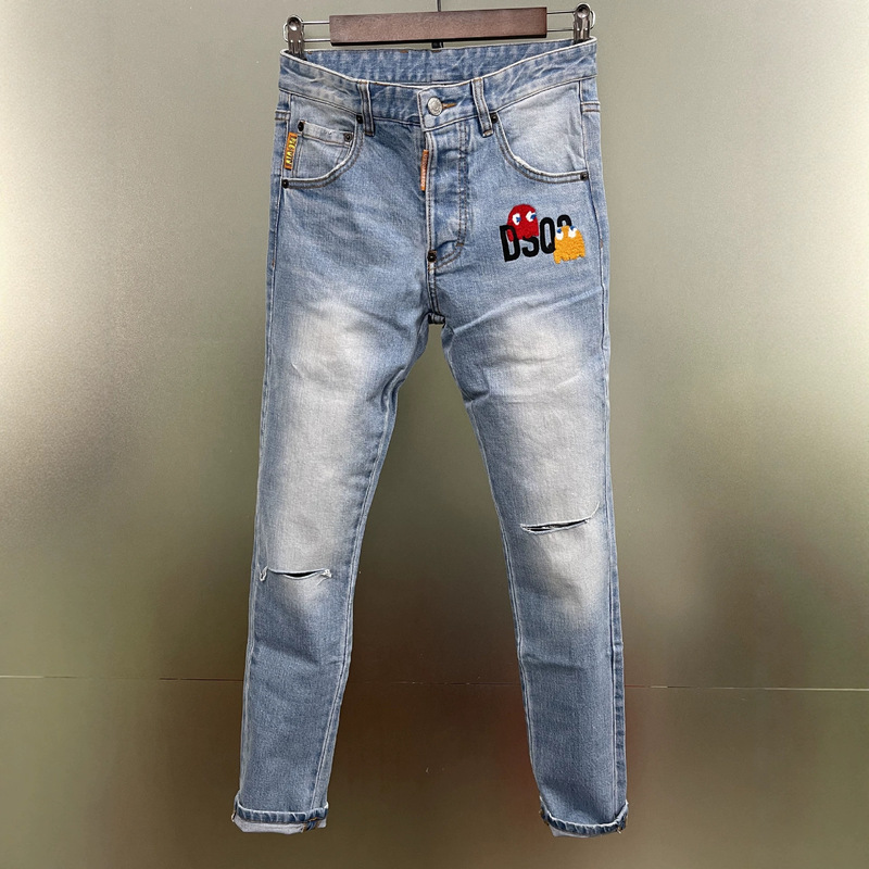 (Limited-time special offer) New D2 denim jeans for men, featuring a washed, distressed, and patched design, fashionable slim fit, blue color (Limited-time special offer) New D2 denim jeans for men, featuring a washed, distressed, and patched design, fashionable slim fit, blue color
