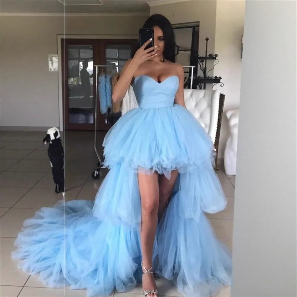 High Low Prom Dresses Sweetheart Ruffles Light Blue Tulle Short Front Long Back Party Dresses Graduation Evening Gowns