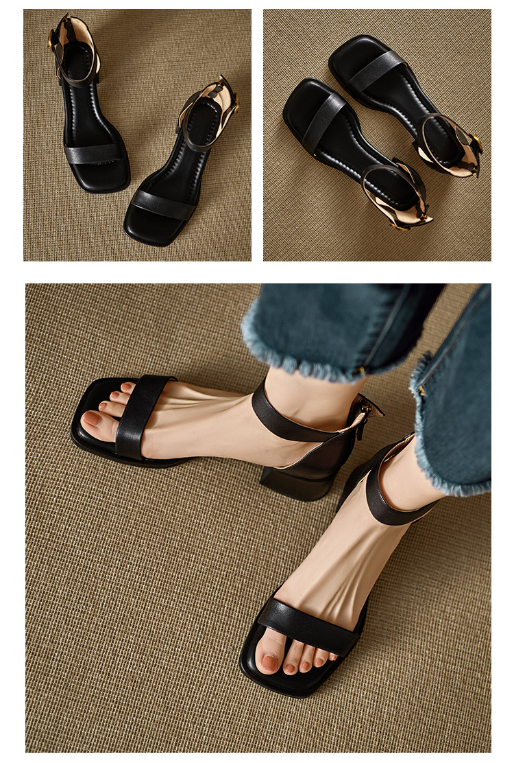 Sandal quai ngang cổ điển kiểu Pháp gót thô 5 cm cho nữ đi làm — Màu nâu, Màu đen, Màu trắng chi tiết 18