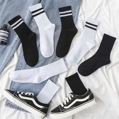 Women's Knee-High Socks with Double Stripes, Korean Style, Black and White, Baseball Calf Socks with Dad Shoes