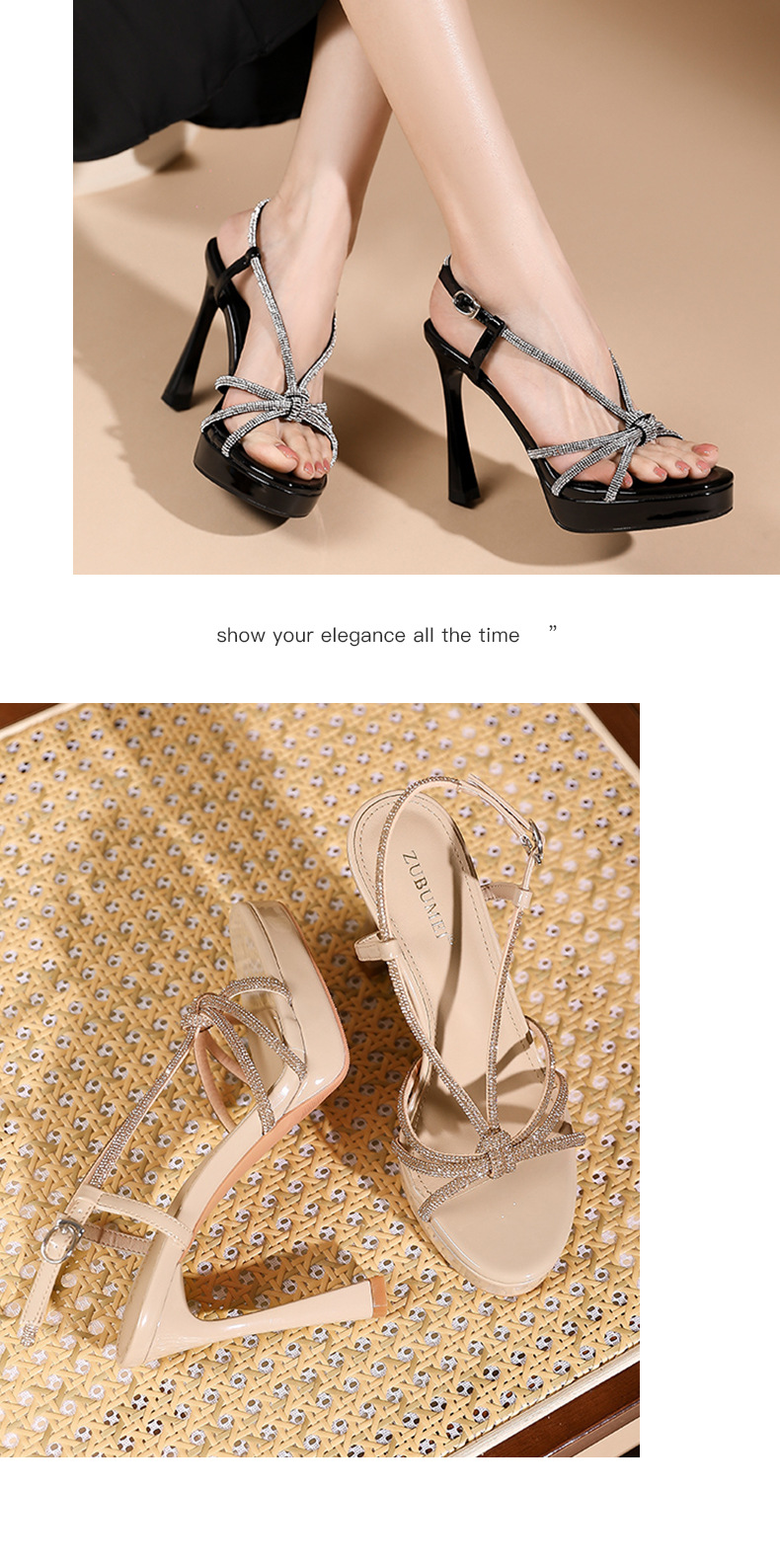 Sandal cao gót nữ quai ngang phong cách Pháp, gót nhọn 11 cm, đế platform — Màu nude - 11cm chi tiết 7