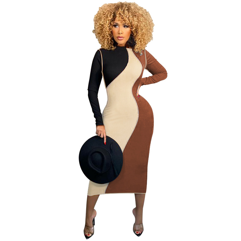 Regular Dress Elegant Round Neck Patchwork Rib-Knit Long Sleeve Color Block Midi Dress Daily display picture 35