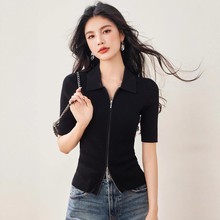 双拉链黑色短袖针织开衫女2025夏季POLO领T恤修身显瘦中袖上衣女