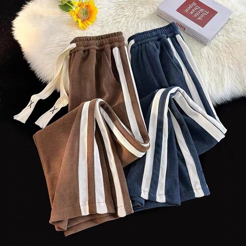 Men's Velour Track Pants for Autumn/Winter, Street Style, Draped, Trendy Brand, Straight Leg, Versatile Striped Casual Long Pants