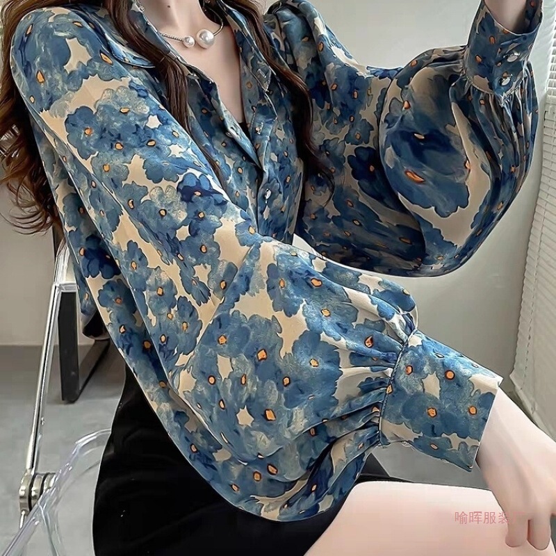 Light Luxury Fashion 2026 Spring New Design Niche Floral Top Elegant Shirt Slimming Puff Sleeves Peacock Blue Light Luxury Fashion 2026 Spring New Design Niche Floral Top Elegant Shirt Slimming Puff Sleeves Peacock Blue