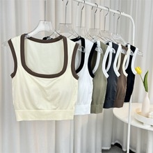 韩版撞色宽肩方领背心女带胸垫修身设计感小众夏季外穿短款上衣女