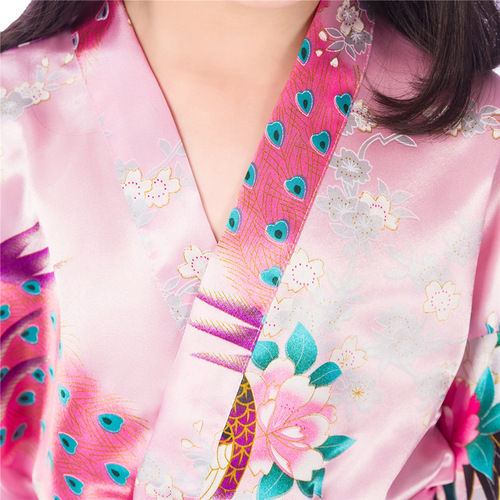 Cross-border girl floral peacock and peony long sleepwear bathrobe summer thin imitation silk children home open sweater robe