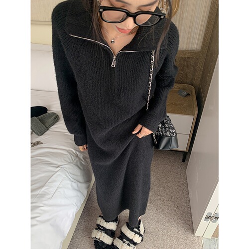 2025 Spring and Autumn Matching Coat Inner Long Dress with High-Gloss Goddess Style Long-Sleeve Knit Dress
