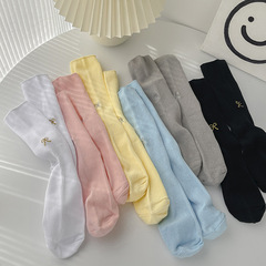 刺繡蝴蝶結襪子中筒襪ins韓國馬卡龍色潮襪豎條顯瘦女襪