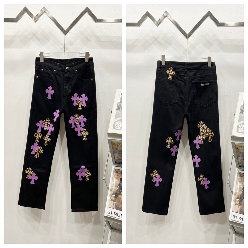 跨境正确版CH克罗牛仔裤蓝白十字架拼皮美式宽松男女同款跨境潮款|undefined