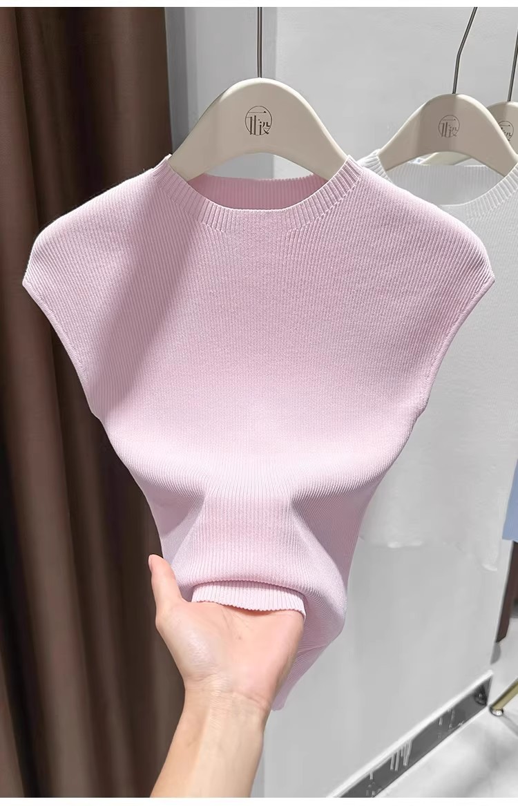 Women's Slim-Fit Short Sleeve Top Ice Silk Cropped Tee Soft Stretchy Casual Shirt for Summer with Flutter Sleeves_ecoleips.com