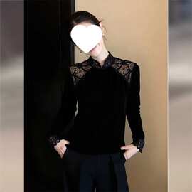 跨境法式气质黑色立领蕾丝拼丝绒衣女6新减龄显瘦内搭打底衫无袖