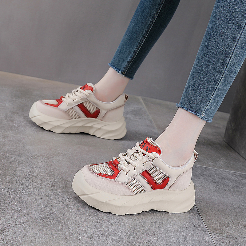 Giày sneaker nữ chunky đế dày da bò lưới thoáng khí — màu vàng