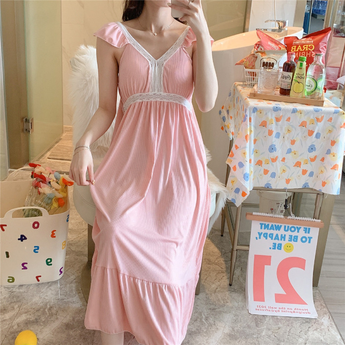 El comercio exterior 2023 camisón de verano pijamas delgados de las mujeres sexy sling Net punto rojo de longitud media con el pecho pad ropa para el hogar