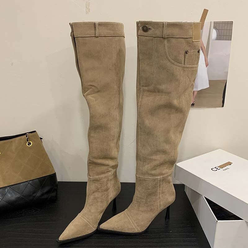 Denim Over-The-Knee Slouchy Boots for Autumn and Winter, Pointed Toe, Stiletto Heel, Buttoned Slip-On Long Boots, in Stock, Suitable for Commuting, Cross-Border High Heels