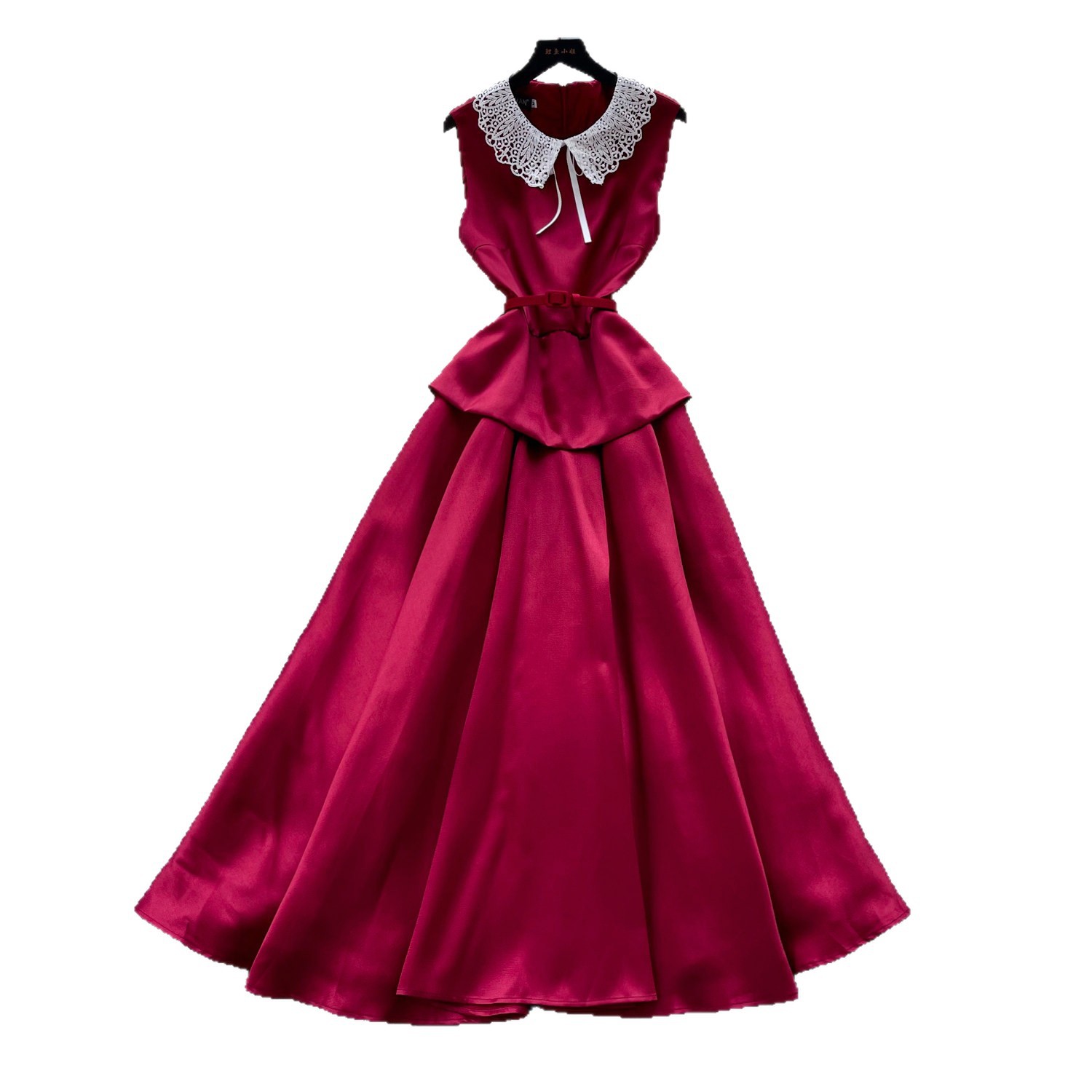 Elegant High-Waisted A-Line Dress Red Lace Peter Pan Collar Summer Commute Suitable Women's Clothing_ecoleips.com