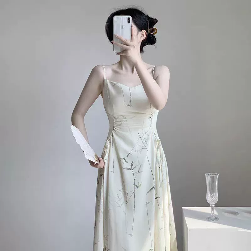 Новое платье с камнем в китайском стиле с рисунком из бамбука и листьями с принтом летом Super Xiansen темпераментная талия тонкая ретро длинная юбка