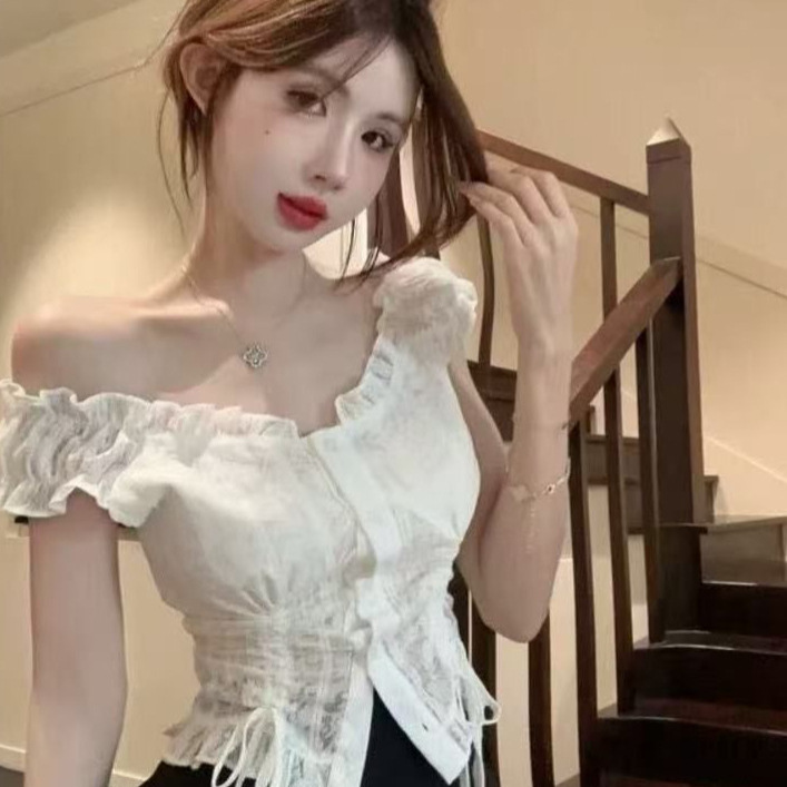 Summer Pure Desire Style White Lace-Trimmed Chic Sleeveless Top for Women, One-Shoulder Two-Way Wear, Waist-Cinching Drawstring Blouse Summer Pure Desire Style White Lace-Trimmed Chic Sleeveless Top for Women, One-Shoulder Two-Way Wear, Waist-Cinching Drawstring Blouse