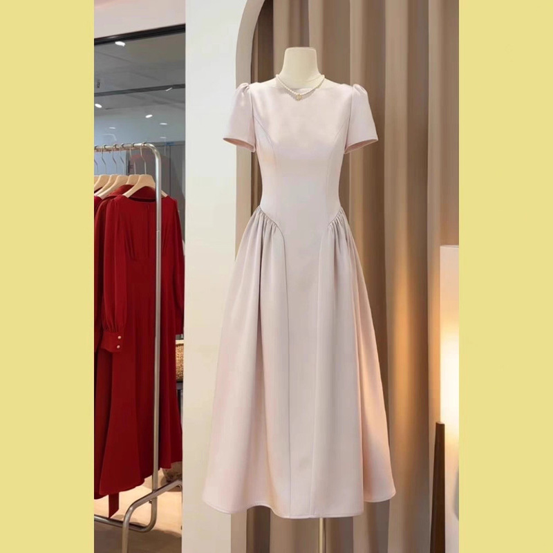 Spring and Summer French Unique and Beautiful Pinch-Waist Pink Dress, Light Luxury and High-End Style, Ladylike Style Long Skirt and Light Dress