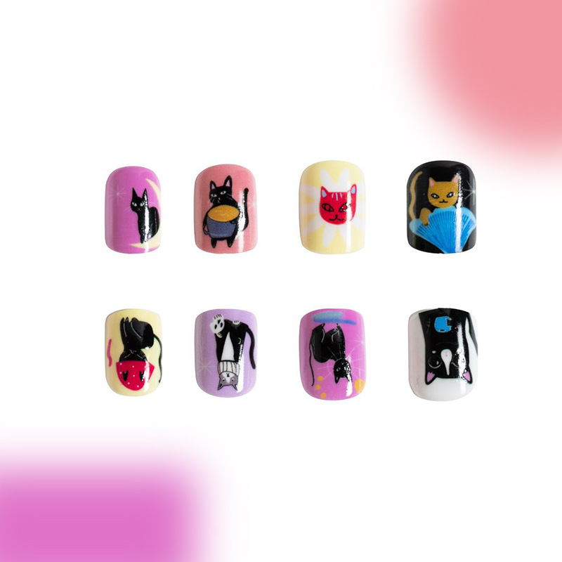 Cross-Border dress black cat kitten colorful color jumping cute European and American wear nail pieces 24 pieces nail manicure wear nail_voghion.com