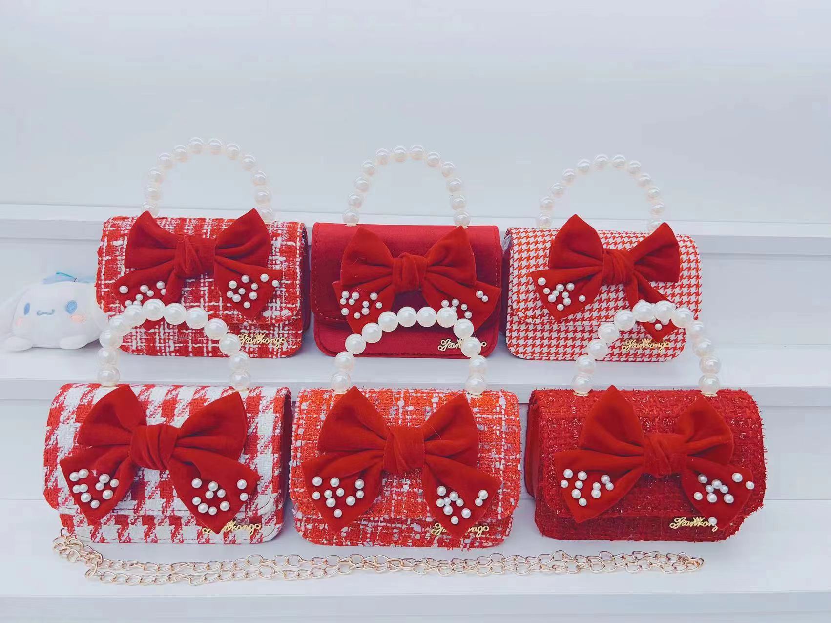 2023 invierno nuevo rojo niños princesa bolsa niñas lindo hombro mensajero bolsa perla mano monedero