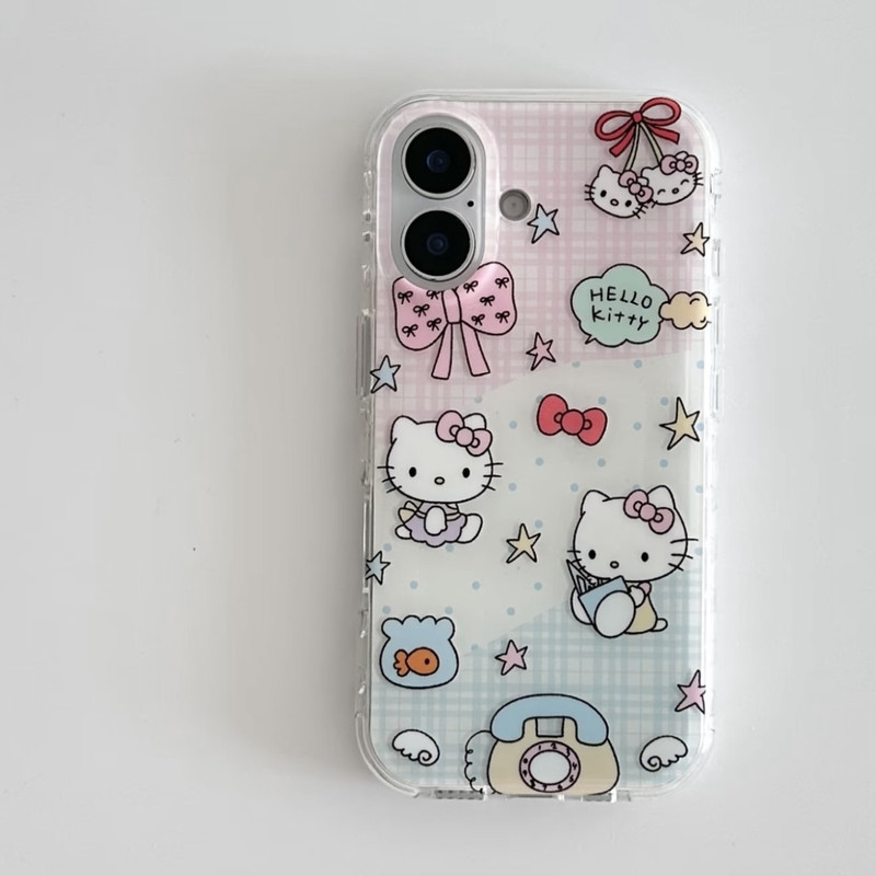 Japanese and Korean Blue and Pink Plaid Kt Cat Iphone15/16/17Promax Apple 13 Mobile Phone Case 14 Large Hole White 12
