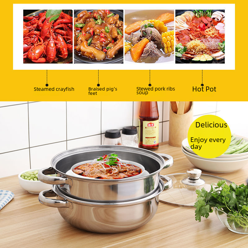 Stainless steel steamer 28cm thick double-layer soup steamer multi-purpose pot hot pot induction cooker direct sales promotion gift