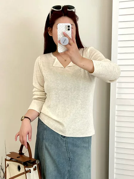 Thin, versatile, collared knit top for autumn 2026, plus-size basic slimming base layer for women, style 23221