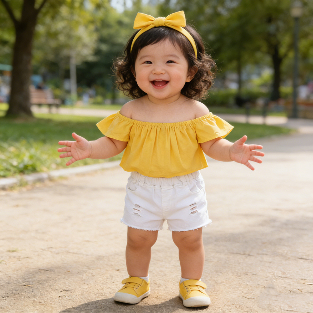 Summer New European and American Style Children's Set: Ins Girls' Yellow Off-Shoulder Tube Top + Denim Shorts, Available for Wholesale