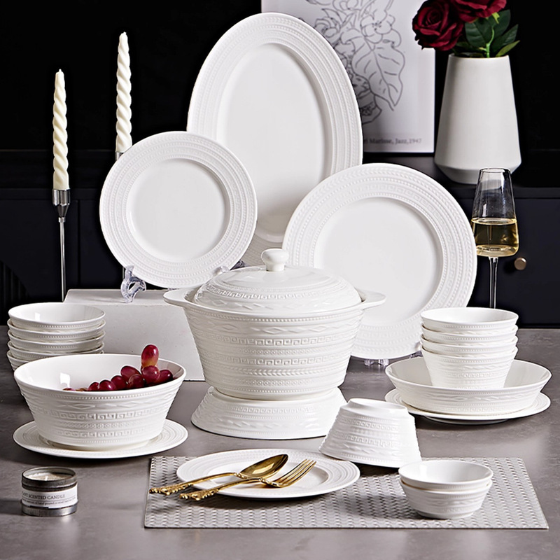 Jingdezhen Ceramic Bowl French-Style Embossed Pure White Bowl and Plate Set for Home Use 2025 New Model Bowl and Plate Set for Moving into a New Home Jingdezhen Ceramic Bowl French-Style Embossed Pure White Bowl and Plate Set for Home Use 2025 New Model Bowl and Plate Set for Moving into a New Home