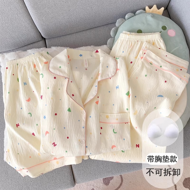 星月彩点带胸垫睡衣女款夏季云朵棉纱短袖长裤休闲家居服三件套装|undefined