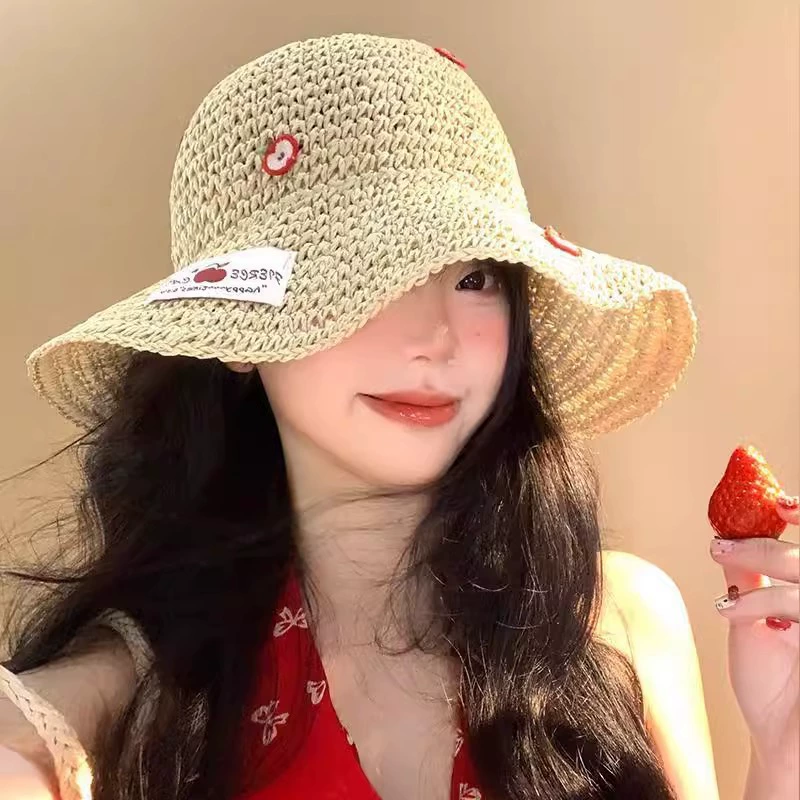 唐王 Apple Summer Beach Straw Hat - Solar-Powered Sun Protection, Adjustable Beige or Khaki