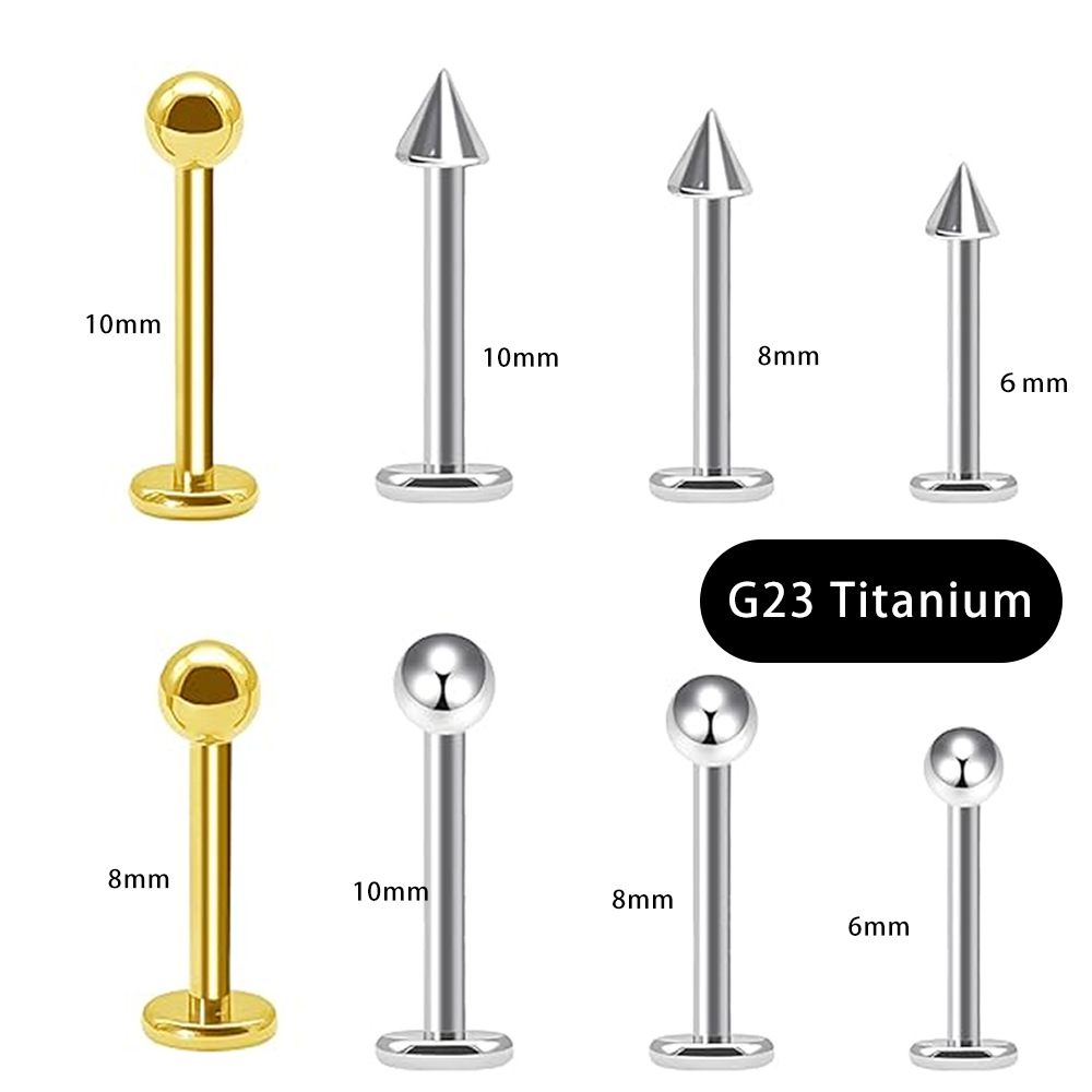 Silver pointed spike labret stud material detail