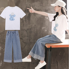 外貿童裝女童運動套裝中大兒童夏季純棉寬鬆闊腿褲春秋季短袖套裝