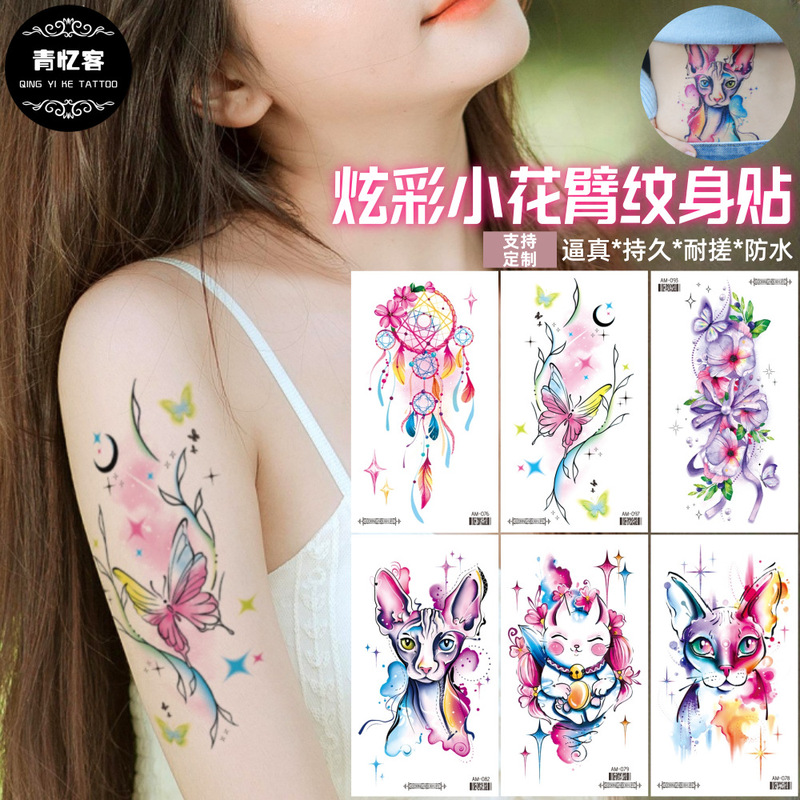 Cross-Border Supply Wholesale New Waterproof Temporary Tattoo Stickers Colorfulful Flower Arm Cute Cartoon Tattoo Girl