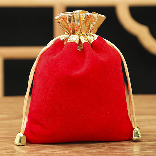 Factory wholesale gold-mouthed velvet drawstring pouches for red jewelry and accessories, gift packaging bags