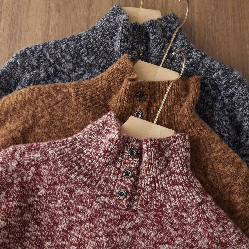High-Weight Thick Floral Yarn All-Wool Soft Pullover Buttoned Turtleneck Raglan Sleeve Knit Sweater Warm Knitwear